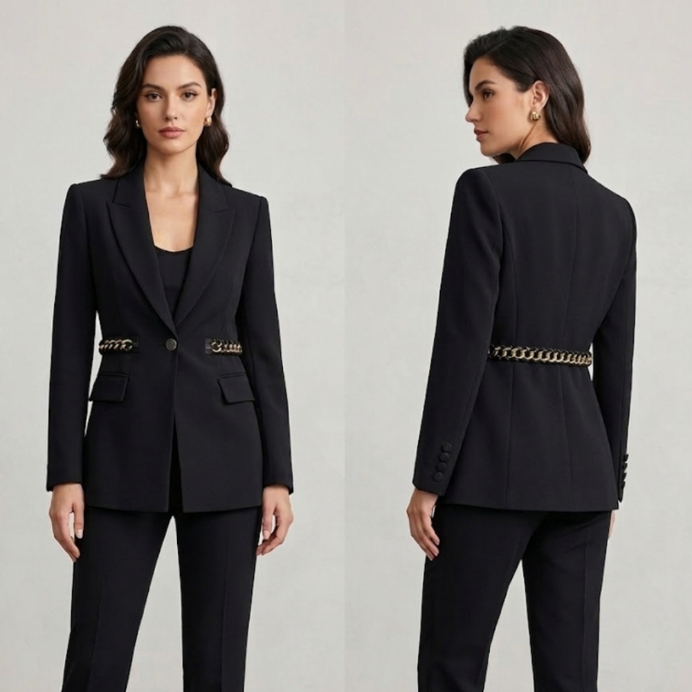 Karina Grimaldi Black Blazer Gold Chain Waist Detail